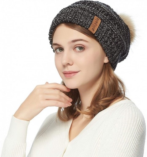 Skullies & Beanies Womens Winter Knit Beanie Hat Slouchy Warm Raccoon Fur Pom Pom Hat Caps for Women Ladies Girls - CE18ZXQXD...