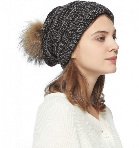 Skullies & Beanies Womens Winter Knit Beanie Hat Slouchy Warm Raccoon Fur Pom Pom Hat Caps for Women Ladies Girls - CE18ZXQXD...