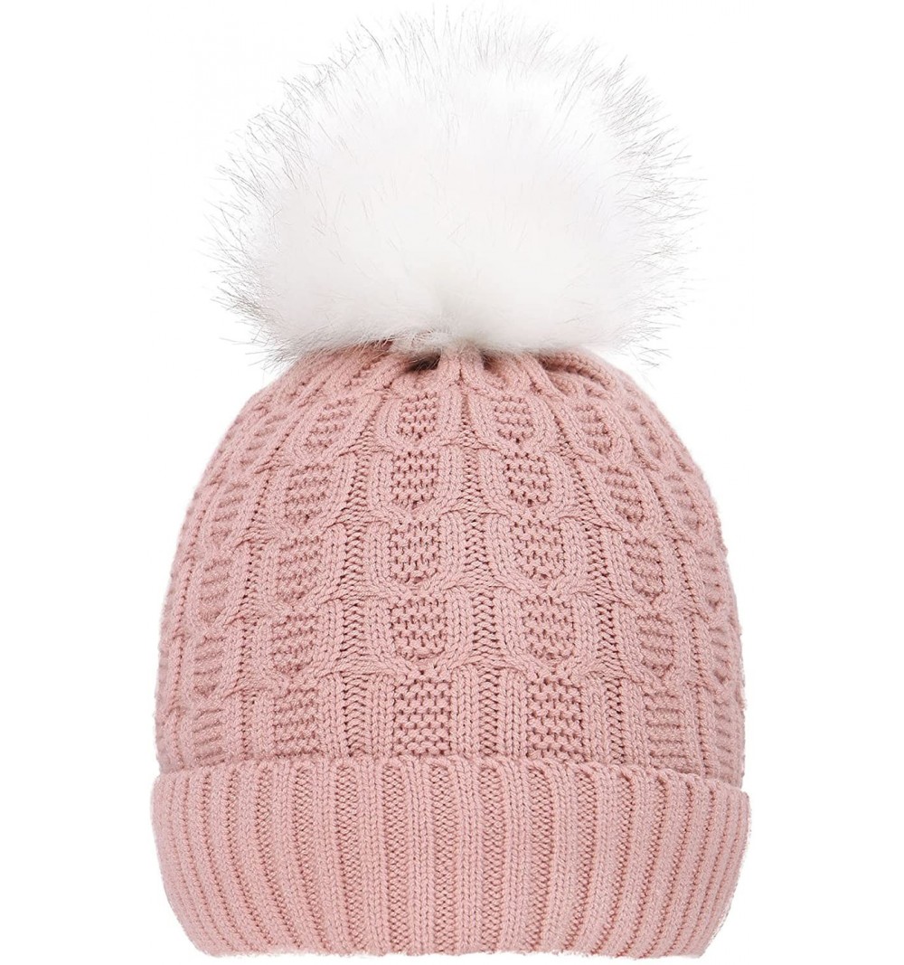 Skullies & Beanies Men & Women's Luxurious Faux Fur Pompom Thick Cable Cap Knit Skull Ski Cap Winter Beanie Hat - Pink - CP18...