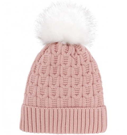 Skullies & Beanies Men & Women's Luxurious Faux Fur Pompom Thick Cable Cap Knit Skull Ski Cap Winter Beanie Hat - Pink - CP18...