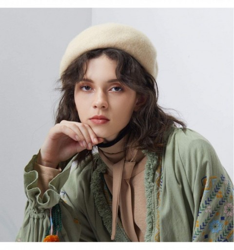 Berets 100% Wool French Beret for Women Classic Solid Color Artist Beret Knitted Cap - Beige - C718A2XWX5Z $12.29