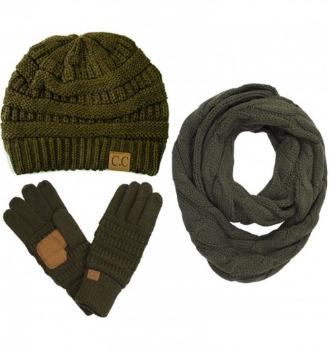 Skullies & Beanies 3pc Set Trendy Warm Chunky Soft Stretch Cable Knit Beanie Scarves Gloves Set - New Olive - CQ187GMKY7D $43.11