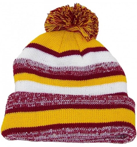 Skullies & Beanies Quality Striped Variegated Cuffed Cap W/Large Pom (One Size) - Burgundy/Gold - CD11R66O8JR $13.84