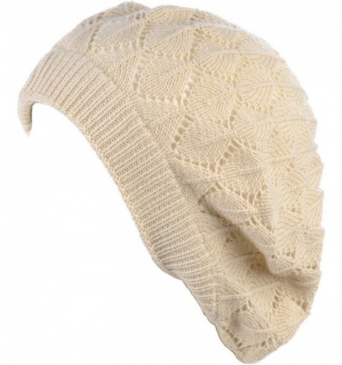 Berets Chic Soft Knit Airy Cutout Lightweight Slouchy Crochet Beret Beanie Hat - Cream Leafy - CL18L3TLXGZ $10.89