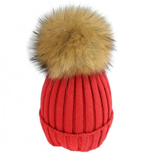 Skullies & Beanies Women Cable Knit Beanie Raccoon Fur Fuzzy Pompom Chunky Winter Stretch Skull Cap Cuff Hat - 02scarlet - C2...