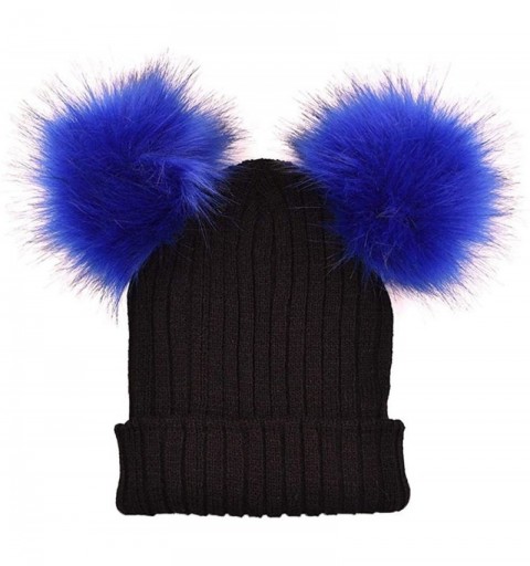 Skullies & Beanies Women Winter Warm Adorable Hats Crochet Knit Hairball Beanie Cap with Faux Fur Pompom - Blue - CG18L9T28G5...
