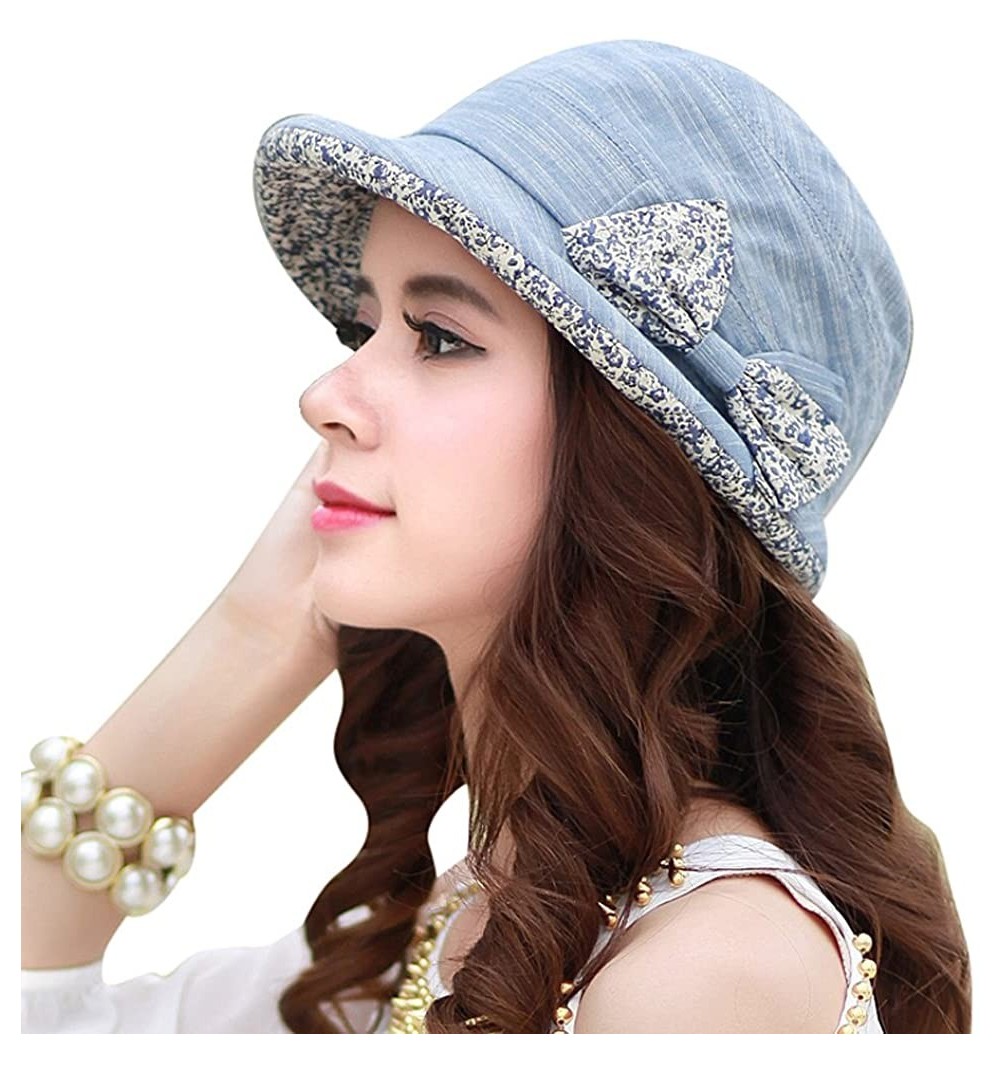 Bucket Hats Women's Foldable Floral Bucket Hat Rolled Brim with Bowknot - Blue - CB1987453GZ $30.56