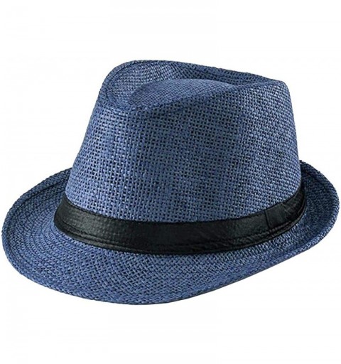Fedoras Fedora Straw Hat for Mens Women Sun Beach Derby Panama Summer Hats w Brim Black to White - Blue Black Belt - CY184XLY...