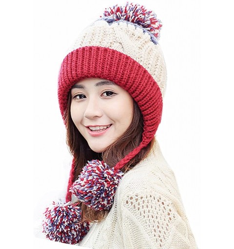 Skullies & Beanies Women Fleece Lined Winter Beanie Hat Ski Cap Ear Flaps Peruvian Dual Layered Pompoms - A04--ht016-beigered...