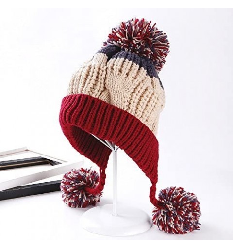 Skullies & Beanies Women Fleece Lined Winter Beanie Hat Ski Cap Ear Flaps Peruvian Dual Layered Pompoms - A04--ht016-beigered...