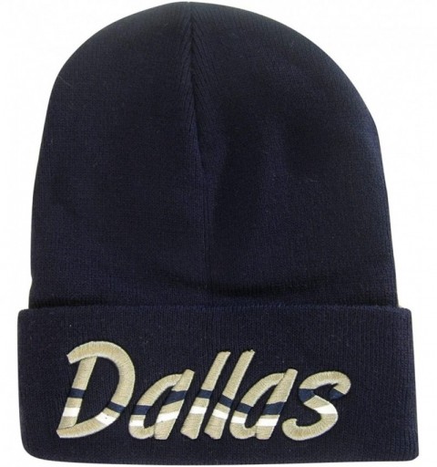 Skullies & Beanies Dallas Adult Size Wavy Script Winter Knit Beanie Hat - Navy/Gray - C4186UHWA4Z $12.90