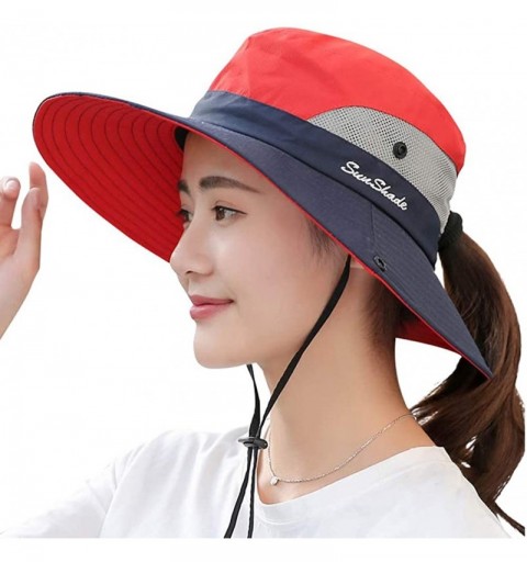 Sun Hats Summer Sun Hat- Women Girls Foldable Wide Brim Hat UV Protection Bucket Cap Ponytail for Beach Safari Fishing - CF18...