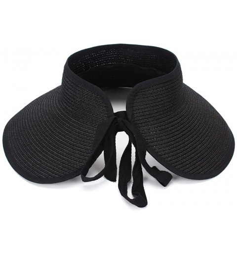 Sun Hats Women Sun Hat Lady's Portable Beach Visor Bowknot Roll-up Wide Brim Summer Straw Hat - Black 2 - C518SX0D2ZT $17.15