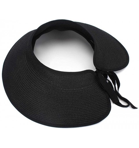 Sun Hats Women Sun Hat Lady's Portable Beach Visor Bowknot Roll-up Wide Brim Summer Straw Hat - Black 2 - C518SX0D2ZT $17.15