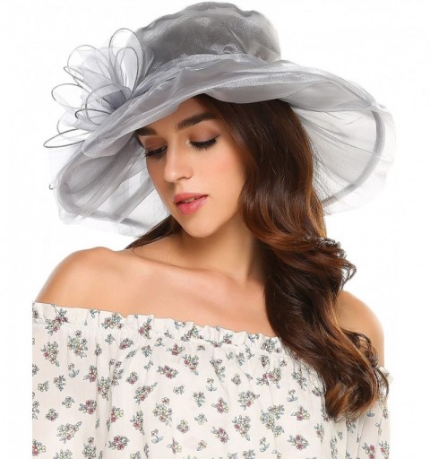 Sun Hats Women's Kentucky Derby Sun Hat Fascinator Flowers Wide Brim Gauze Hat Headdress-Grey-One Size - CV182325NTX $16.20