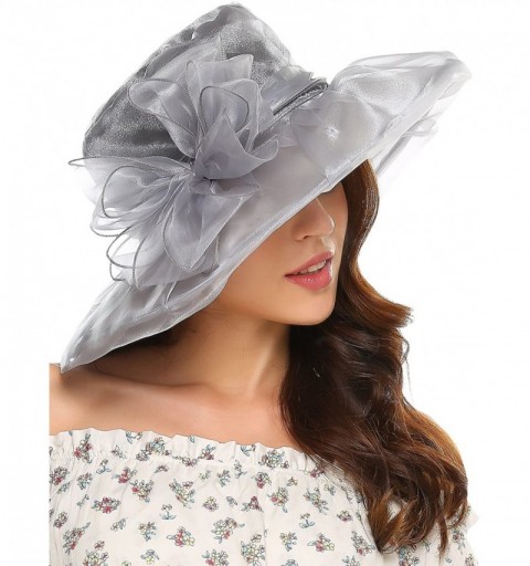Sun Hats Women's Kentucky Derby Sun Hat Fascinator Flowers Wide Brim Gauze Hat Headdress-Grey-One Size - CV182325NTX $16.20