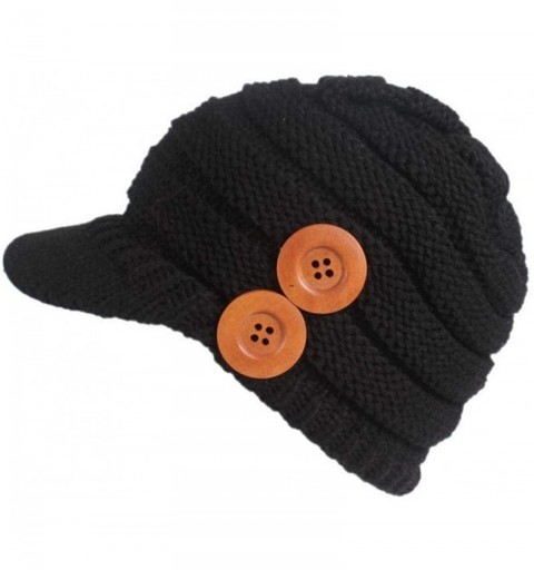 Skullies & Beanies Womens Hat Winter- Winter Knit Hat Stretch Warm Buttons Beanie Ski Cap with Visor for Women Girl - Black -...