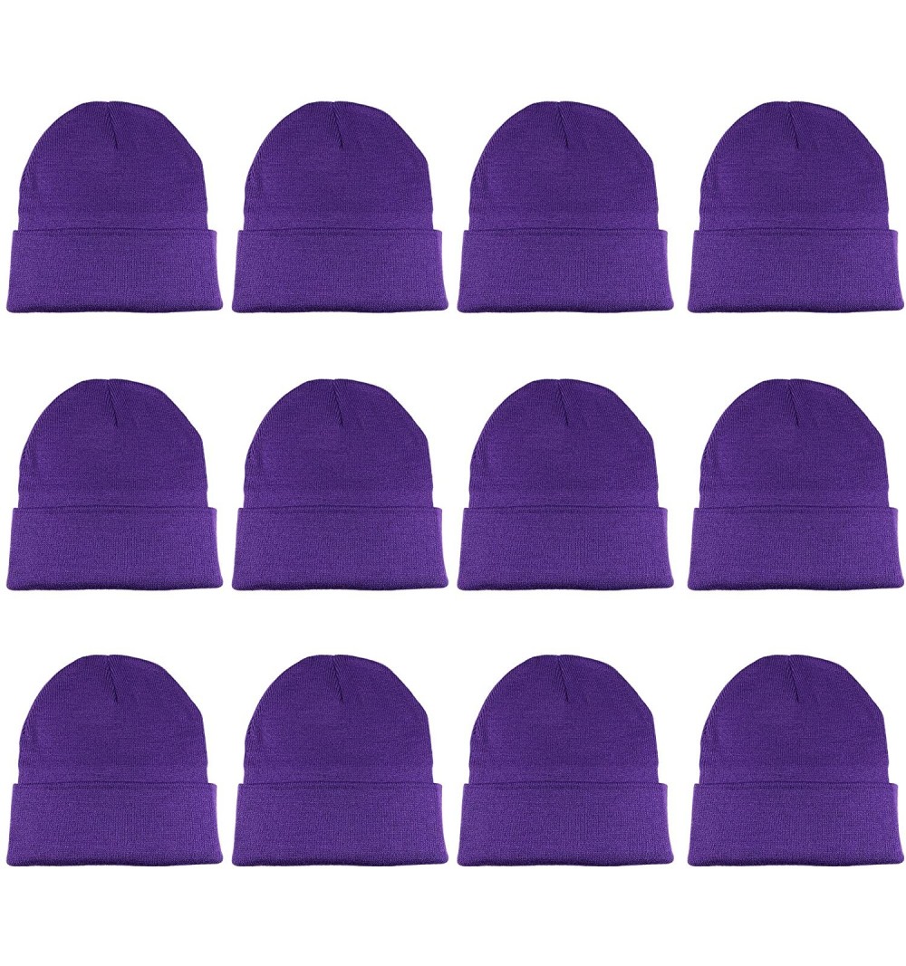 Skullies & Beanies Unisex Beanie Cap Knitted Warm Solid Color and Multi-Color Multi-Packs - 12 Pack - Purple - CR189KXS8K5 $2...