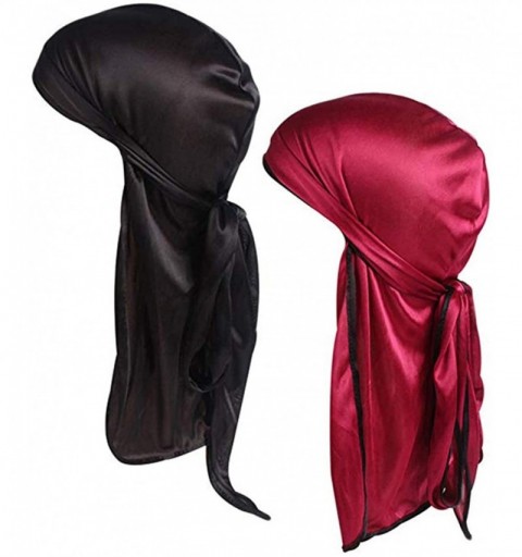 Skullies & Beanies Satin Silk Head Wrap Durag Long Tail Beanies for Men Headwraps Cap - 2pcs Black&wine Red - C7196R82IZK $11.45