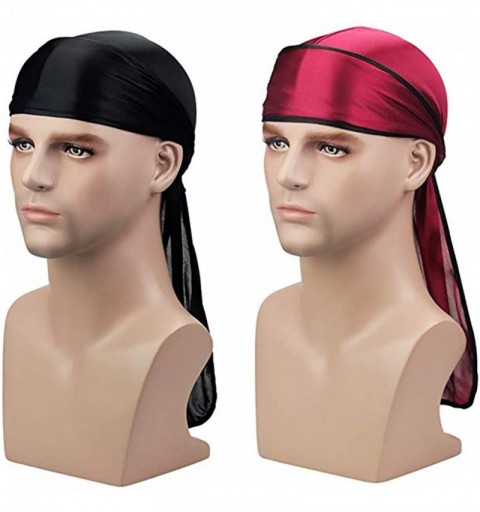 Skullies & Beanies Satin Silk Head Wrap Durag Long Tail Beanies for Men Headwraps Cap - 2pcs Black&wine Red - C7196R82IZK $11.45