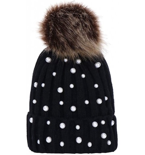 Bucket Hats Women Faux Fur Pom Pom Beanie Cap Fashion Winter Pearl Knit Ski Hat - Black - CG18LK9CXDO $14.96