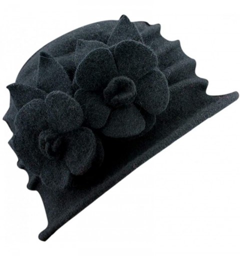 Skullies & Beanies Women 100% Wool Felt Round Top Cloche Hat Fedoras Trilby with Bow Flower - A5 Black - CL188A3EAKN $18.66