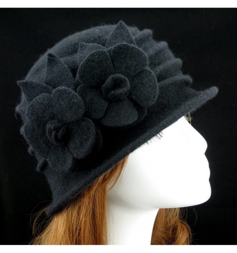 Skullies & Beanies Women 100% Wool Felt Round Top Cloche Hat Fedoras Trilby with Bow Flower - A5 Black - CL188A3EAKN $18.66