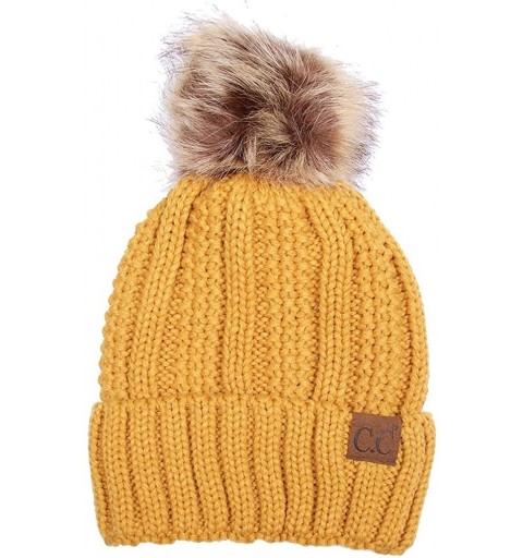 Skullies & Beanies Exclusive Knitted Hat with Fuzzy Lining with Pom Pom - Mustard - C212K7GMB7D $22.57