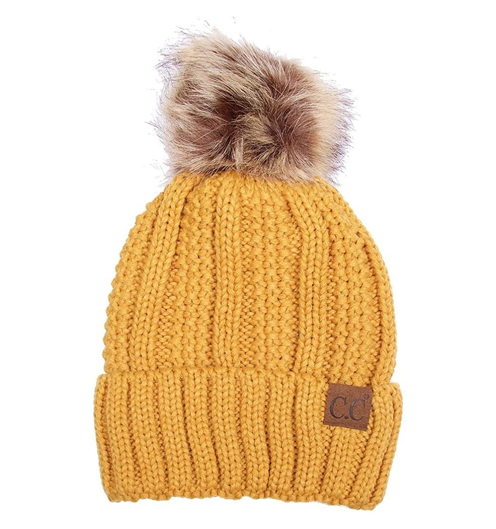 Skullies & Beanies Exclusive Knitted Hat with Fuzzy Lining with Pom Pom - Mustard - C212K7GMB7D $22.57