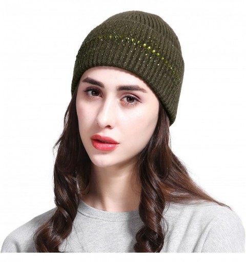 Skullies & Beanies Women's Wool Knit Fold Over Beanie Embellished with Rhinestones Winter Hat - Olive - CX187GNDN44 $11.97