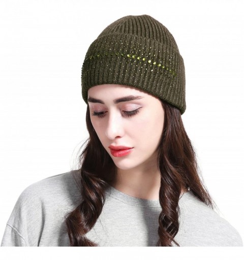 Skullies & Beanies Women's Wool Knit Fold Over Beanie Embellished with Rhinestones Winter Hat - Olive - CX187GNDN44 $11.97