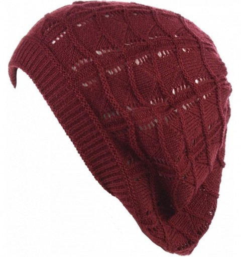 Berets Chic Parisian Style Soft Lightweight Crochet Cutout Knit Beret Beanie Hat - Wavy Stripes Red Wine - CH18AQ0SYHO $14.73