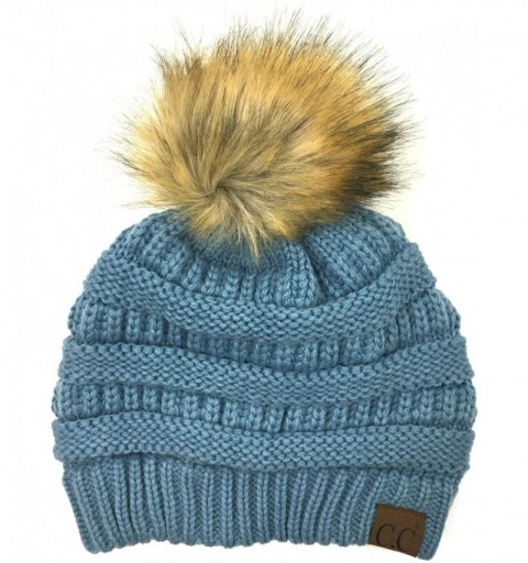 Skullies & Beanies Soft Stretch Cable Knit Ribbed Faux Fur Pom Pom Beanie Hat - Denim - CQ12JSM8RUR $9.75