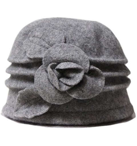 Berets Women 100% Wool Solid Color Round Top Cloche Beret Cap Flower Fedora Hat - 4 Grey - CL186WYT95W $12.52