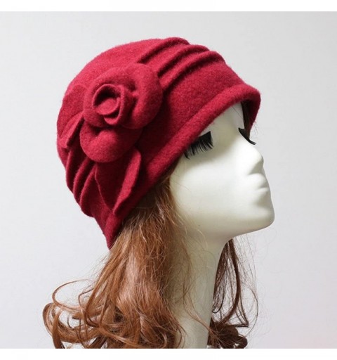 Berets Women 100% Wool Solid Color Round Top Cloche Beret Cap Flower Fedora Hat - 4 Grey - CL186WYT95W $12.52