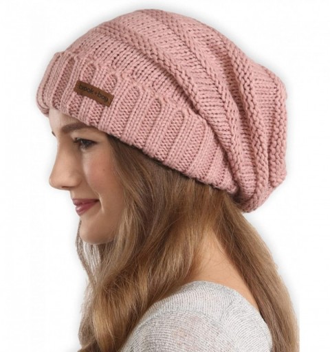 Skullies & Beanies Slouchy Cable Knit Beanie for Women - Warm & Cute Winter Knitted Caps for Cold Weather - Pink - C91854K3QM...