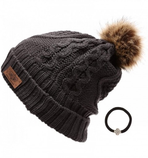 Skullies & Beanies Women's Winter Fleece Lined Cable Knitted Pom Pom Beanie Hat with Hair Tie. - Dark Grey - CU12N2312CT $11.62