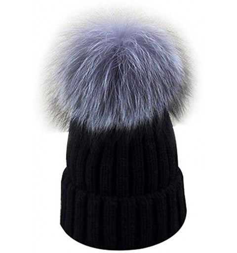 Skullies & Beanies Womens Girls Knitted Fur Hat Real Large Silver Fox Fur Pom Pom Beanie Hats - Black Foxpom - CQ182TE5LT4 $1...