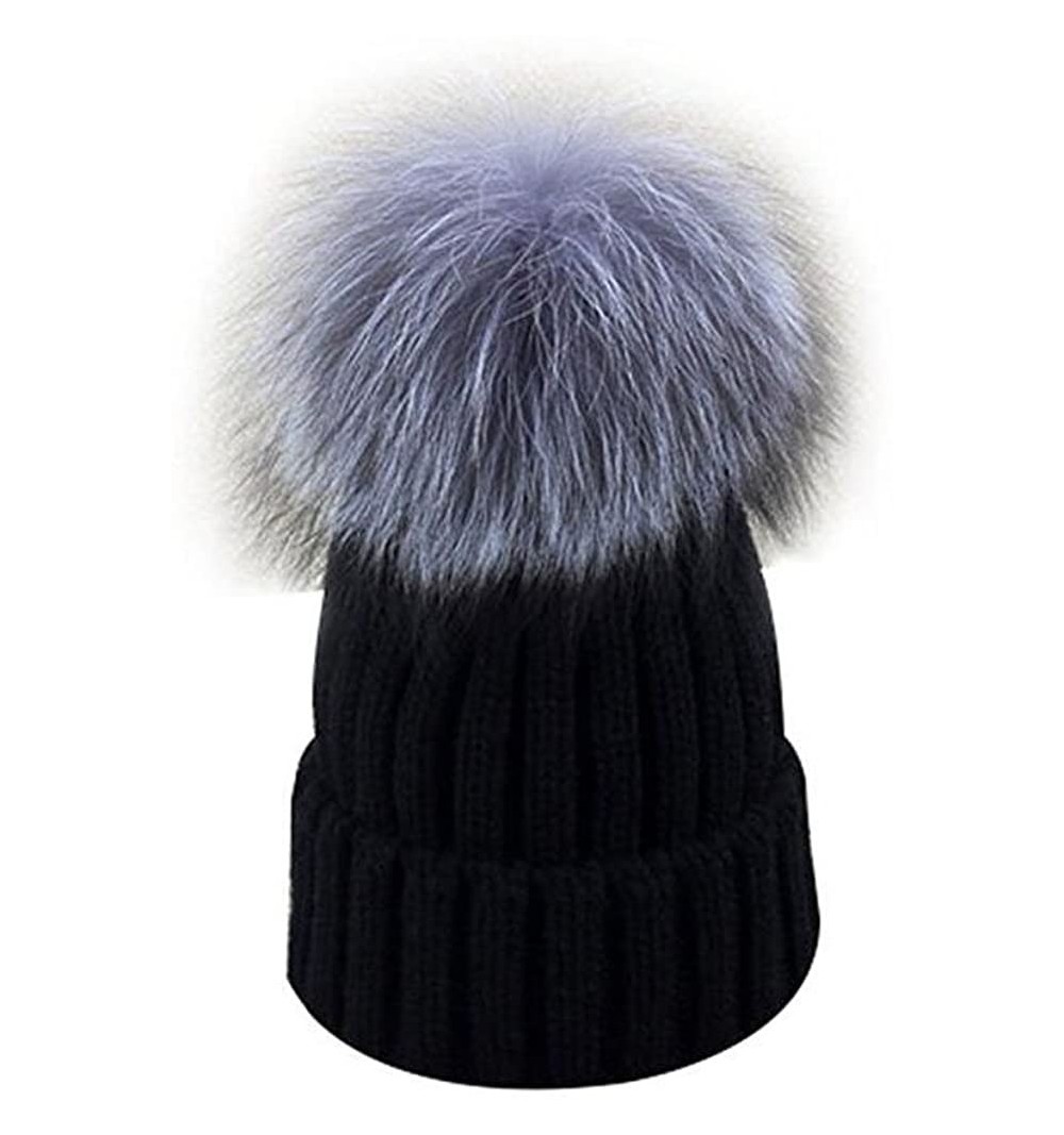 Skullies & Beanies Womens Girls Knitted Fur Hat Real Large Silver Fox Fur Pom Pom Beanie Hats - Black Foxpom - CQ182TE5LT4 $1...