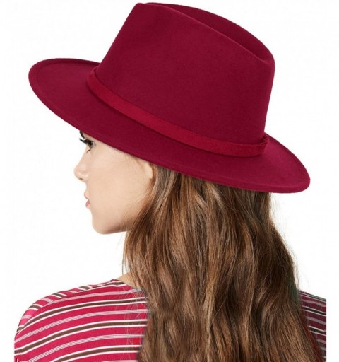 Fedoras Men & Women Classic Felt Fedora Hat Vintage Wide Brim Panama Hat with Felt Buckle - Dark Red - CO18YRKAE94 $12.44