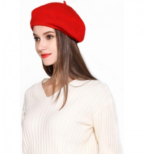 Berets Wool Beret Hat Solid Color French Artist Beret Skily Scarf Brooch - Red - CO1883C857K $12.38