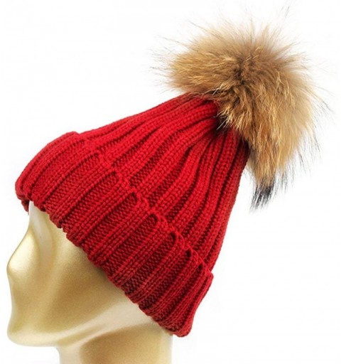 Skullies & Beanies Winter Knitted Beanie Hat Soft Warm Wool Hat with Removable Faux Fur Pom Pom - Red - C918IHCIMGR $15.06