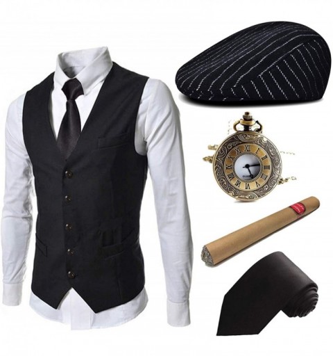 Newsboy Caps 1920s Mens Costume Accessories Set - Gatsby Ivy Newsboy Hat Caps-1920s Gangster Vest-Plastic Cigar-Tie - Set04 -...