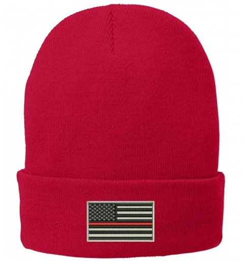 Skullies & Beanies US American Flag Thin Red Line Fire FD Embroidered Winter Folded Long Beanie - Red - CA12MZ1KNTK $10.86