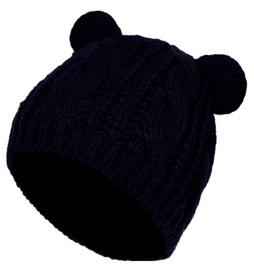 Skullies & Beanies Cute Knitted Bear Ear Beanie Women Winter Hat Warmer Cap - Navy Blue - CK1880XWNSQ $13.91