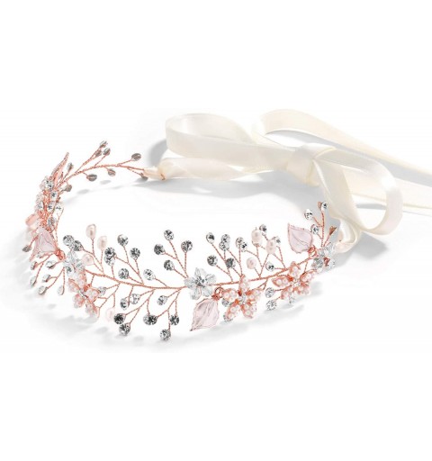 Headbands Rose Gold Freshwater Pearl and Crystal Bridal Hair Vine Ribbon Headband - CI12J5BE0V1 $27.12
