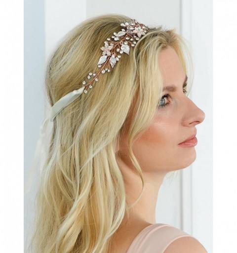 Headbands Rose Gold Freshwater Pearl and Crystal Bridal Hair Vine Ribbon Headband - CI12J5BE0V1 $27.12