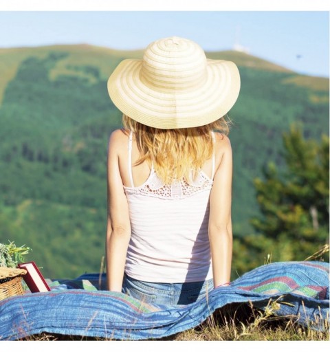 Sun Hats Womens Striped Straw Hat Floppy Beach Hats Foldable Wide Brim Sun Cap for Women - Beige 02 - CH18N9523WE $11.04