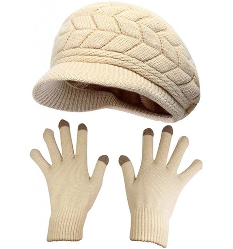 Newsboy Caps Winter Hats Gloves for Women Knit Warm Snow Ski Outdoor Caps Touch Screen Mittens - Hat and Gloves (Beige) - C61...
