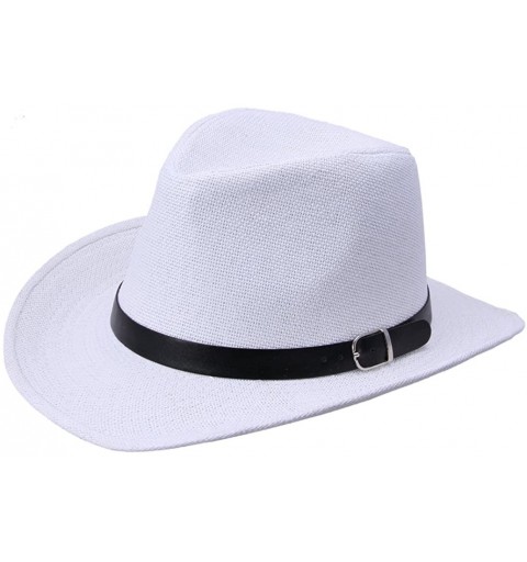 Cowboy Hats Unisex Straw Cowboy Belted Panama Hat Summer Sun Jazz Cap - White - CL11L9QJETT $9.25